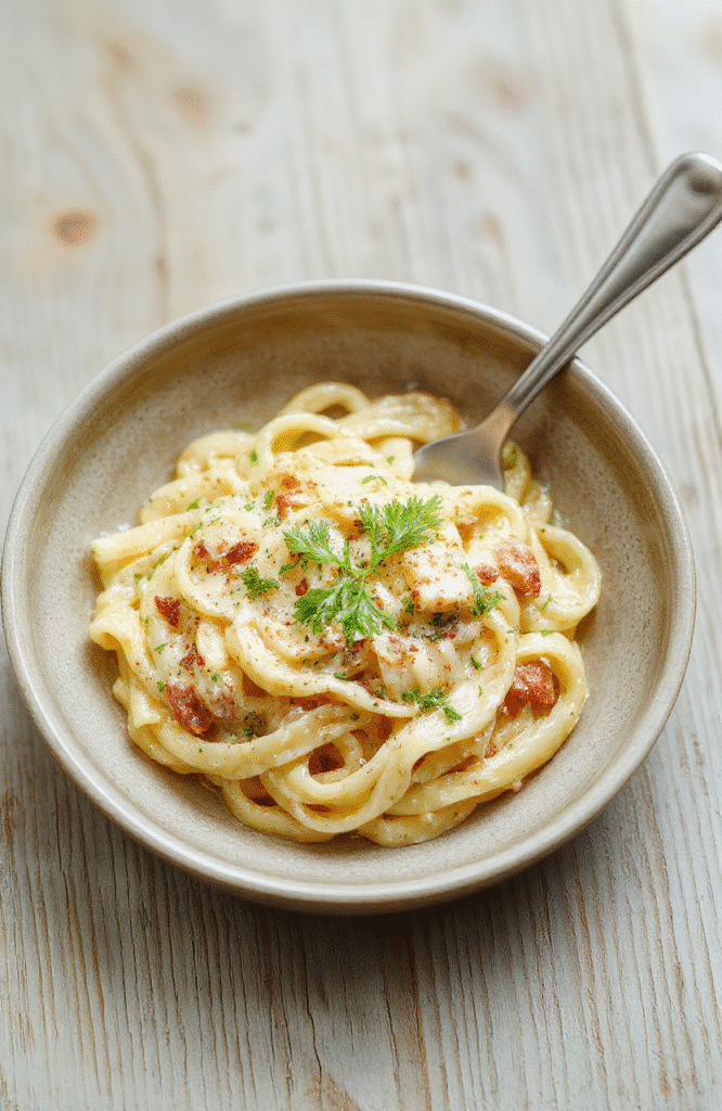 Eine cremige Bärlauch-Pasta mit grüner Sauce, fein gehacktem Bärlauch, Parmesan-Späne, serviert in einer weißen Schüssel auf einem hellen Holzbrett; die Nudeln glänzen in der Sahnesauce, im Hintergrund unscharf.