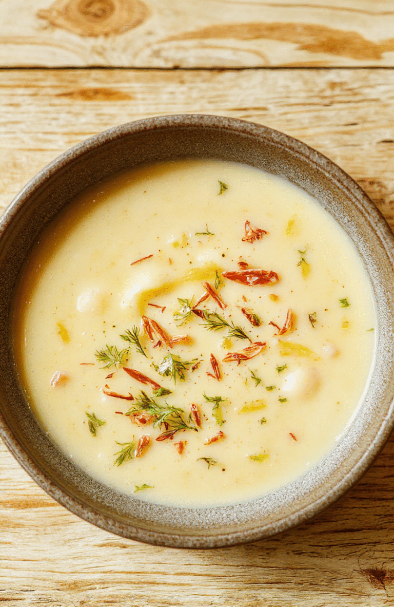 Eine samtige, hellgrüne Bärlauchsuppe in einer weißen Suppenschüssel, garniert mit fein gehacktem Bärlauch. Die klare Brühe zeigt Kartoffelstücke, das Setting steht auf hellem Holz.