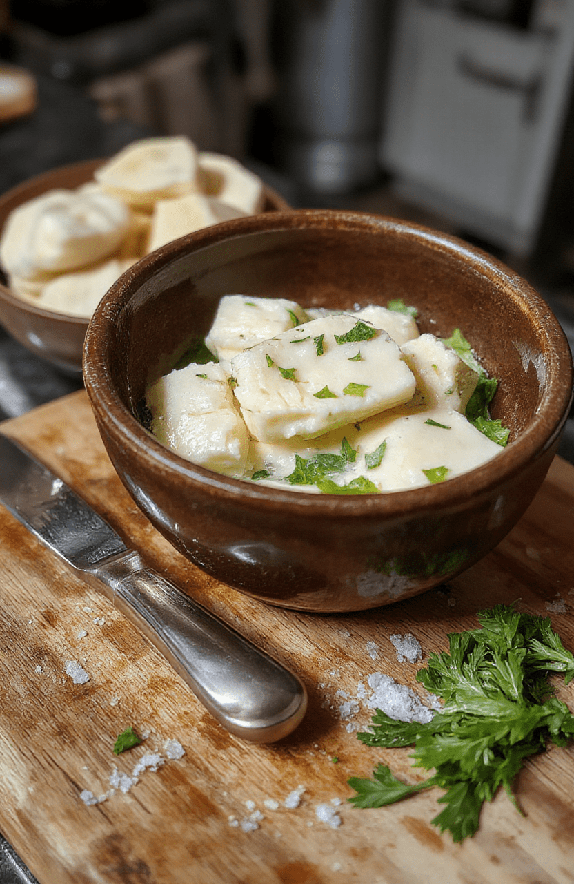 Nahaufnahme einer cremigen Bärlauchbutter auf weichem Brot, grüne Bärlauchblätter im Hintergrund, auf einem Holzteller präsentiert, warme natürliche Beleuchtung, samtige Textur