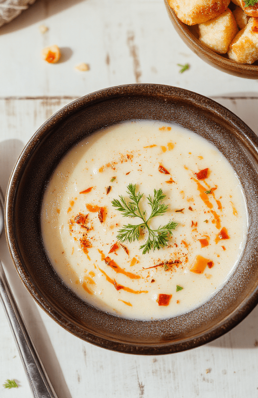 Ein cremige grün gefärbte Bärlauchsuppe in einer weißen Schale, garniert mit frischen Bärlauchblättern, daneben weitere Bärlauchblätter, rustikaler Holztisch, warme Beleuchtung, sahnige Textur