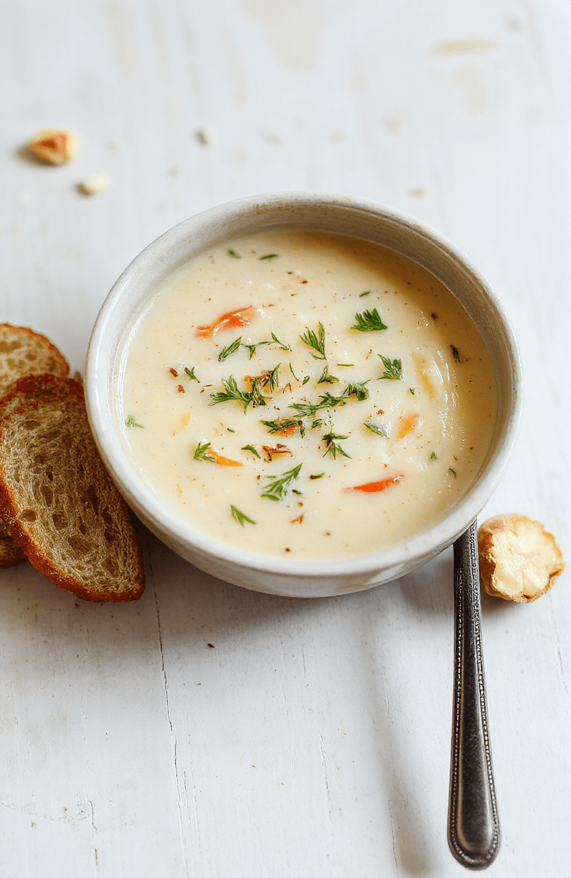 Eine cremige Bärlauchsuppe in einer weißen Schale, garniert mit frischem Bärlauch, daneben knusprige Croutons; helles Tageslicht betont die samtige Textur und den grünen Farbkontrast. Die Szene wirkt schlicht und einladend.