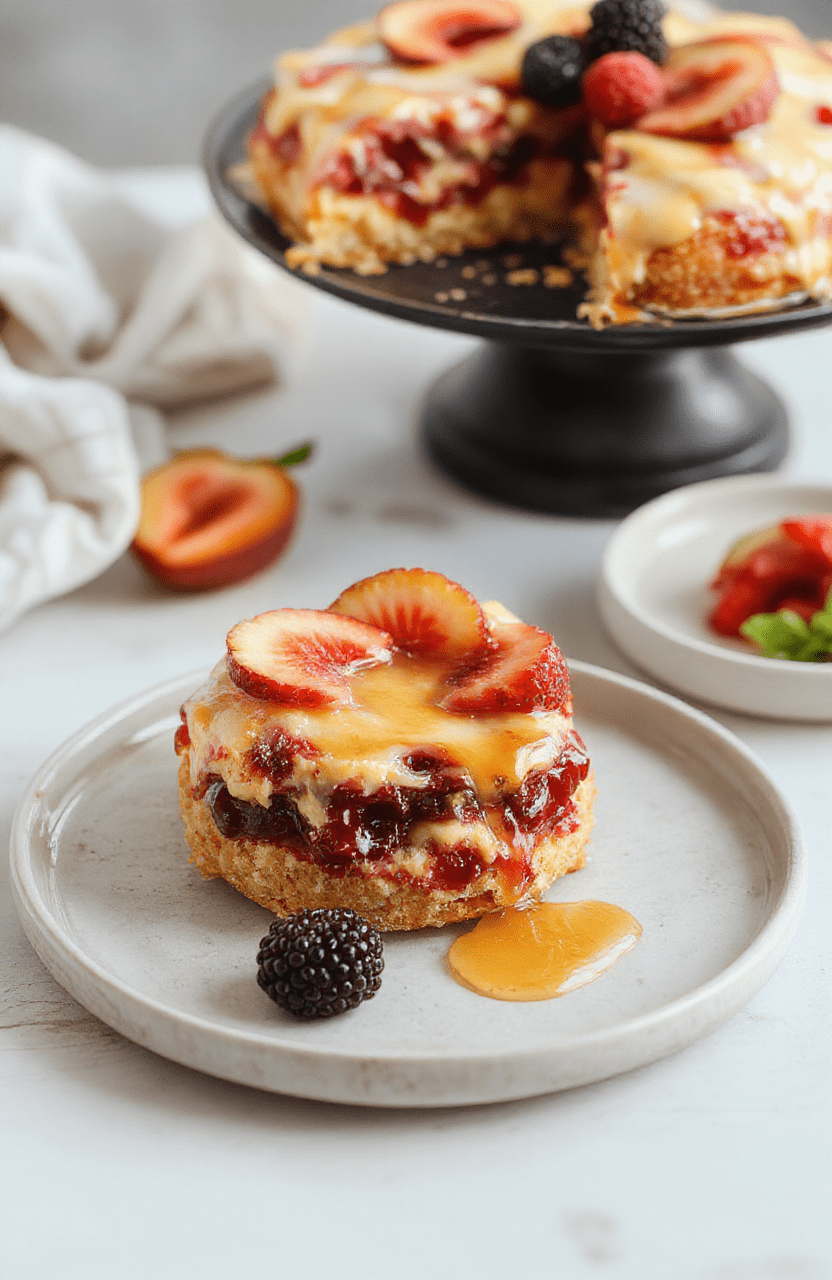 Nahaufnahme einer cremigen Erdbeer-Sahne-Torte auf einem weißen Teller, glatte Sahnefüllung, frische Erdbeeren oben, leichter Kuchenrand, helle Lichtstimmung, unscharfer Hintergrund