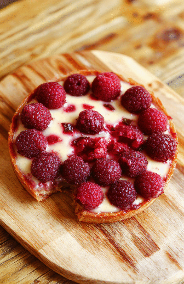 Eine cremige Himbeer-Tarte mit glänzender Vanillecreme, frischen roten Himbeeren oben, zart bestäubt, knusprige braune Kruste, serviert auf einem schlichten Teller auf einem warmen Holztisch.