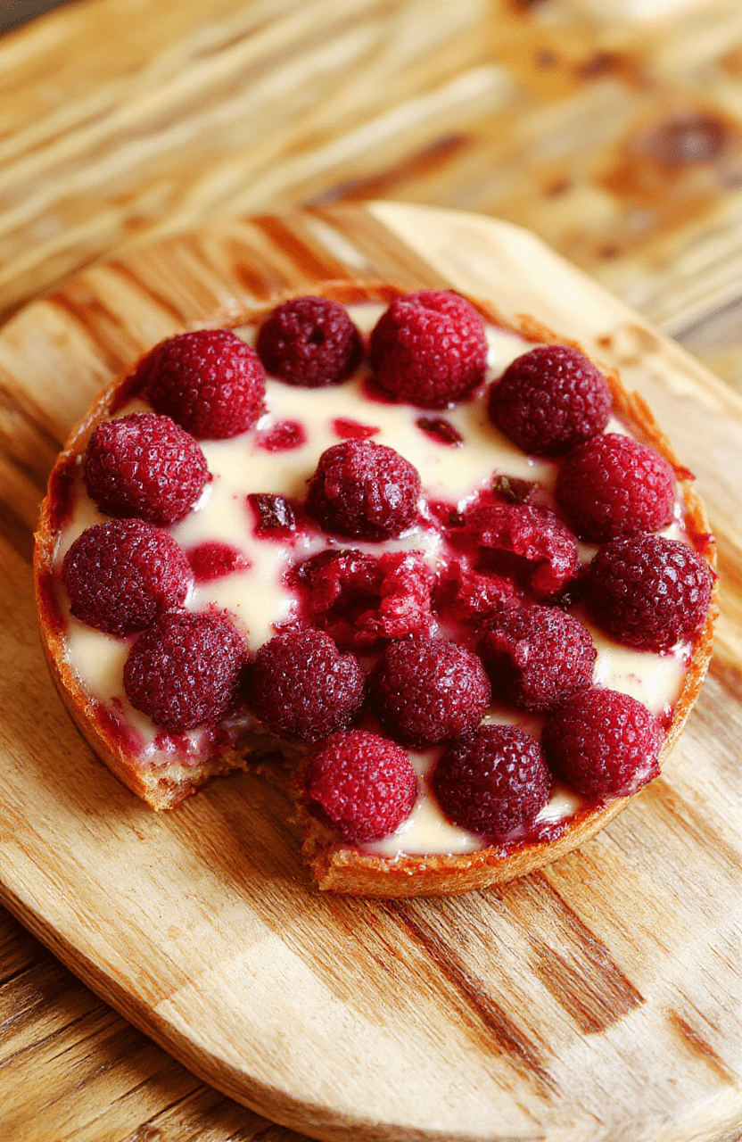 Eine cremige Himbeer-Tarte mit glänzender Vanillecreme, frischen roten Himbeeren oben, zart bestäubt, knusprige braune Kruste, serviert auf einem schlichten Teller auf einem warmen Holztisch.