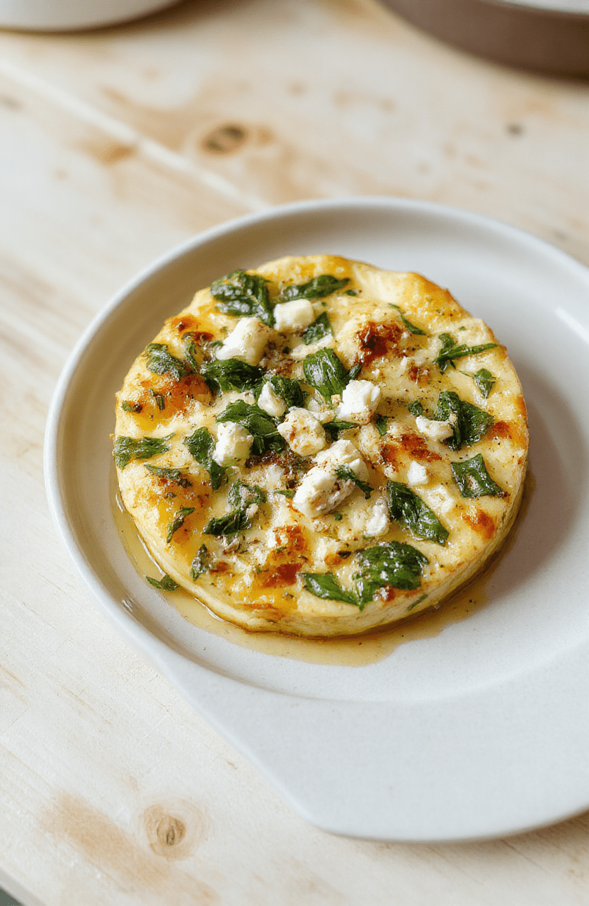 Eine cremige Oster-Quiche mit Spinat und Feta, goldbraun gebacken, auf einem hellen Teller präsentiert. Die grüne Füllung aus Spinat mit weißen Feta-Stückchen wirkt frisch, der Rand ist knusprig und der Hintergrund leicht unscharf.