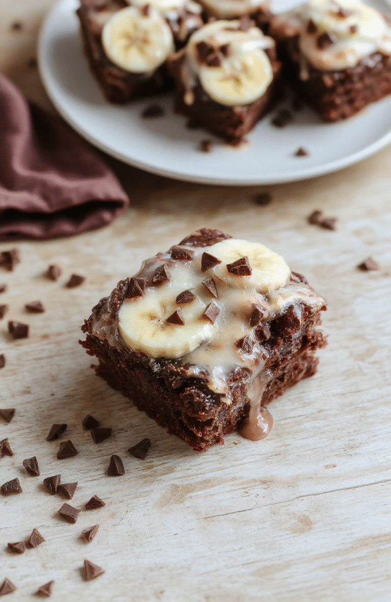 Nahaufnahme einer cremigen Schoko-Bananen-Torte auf einem weißen Teller, glänzende dunkle Schokoladenglasur, cremige Innenstruktur sichtbar, Bananescheiben als Garnitur, natürliche Beleuchtung und weiche Schatten.