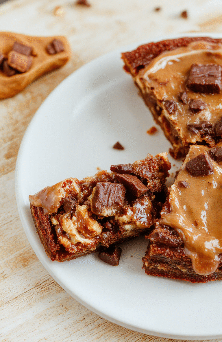 Eine cremige Snickers-Torte, glatter Schokoladenguss bedeckt die Oberseite, mit gehackten Snickers-Stückchen und Erdnüssen dekoriert, auf einem hellen Teller serviert; karamelisierte Tönen, weiche Textur und appetitliche Glanzschicht.