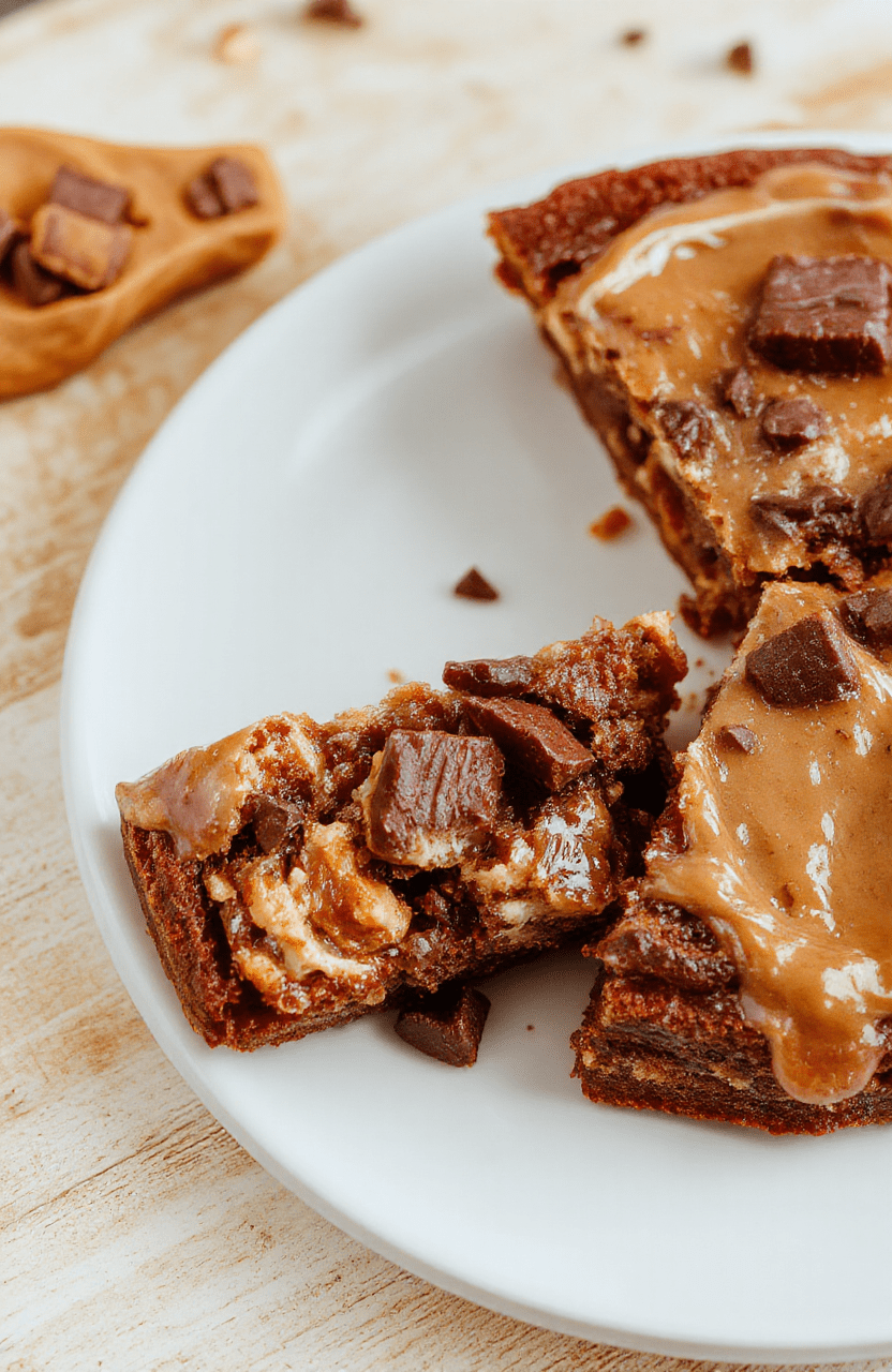 Eine cremige Snickers-Torte, glatter Schokoladenguss bedeckt die Oberseite, mit gehackten Snickers-Stückchen und Erdnüssen dekoriert, auf einem hellen Teller serviert; karamelisierte Tönen, weiche Textur und appetitliche Glanzschicht.