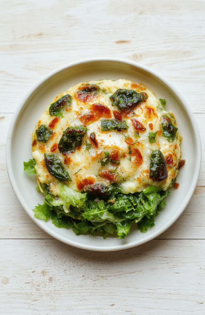 Eine cremige Spinat-Feta-Quiche mit goldbraunem Rand liegt auf einem rustikalen Holzbrett. Sichtbar sind der zarte Teigboden, cremige Füllung, grüne Spinatblätter und weiße Feta-Stückchen, leicht glänzend, appetitlich angerichtet.