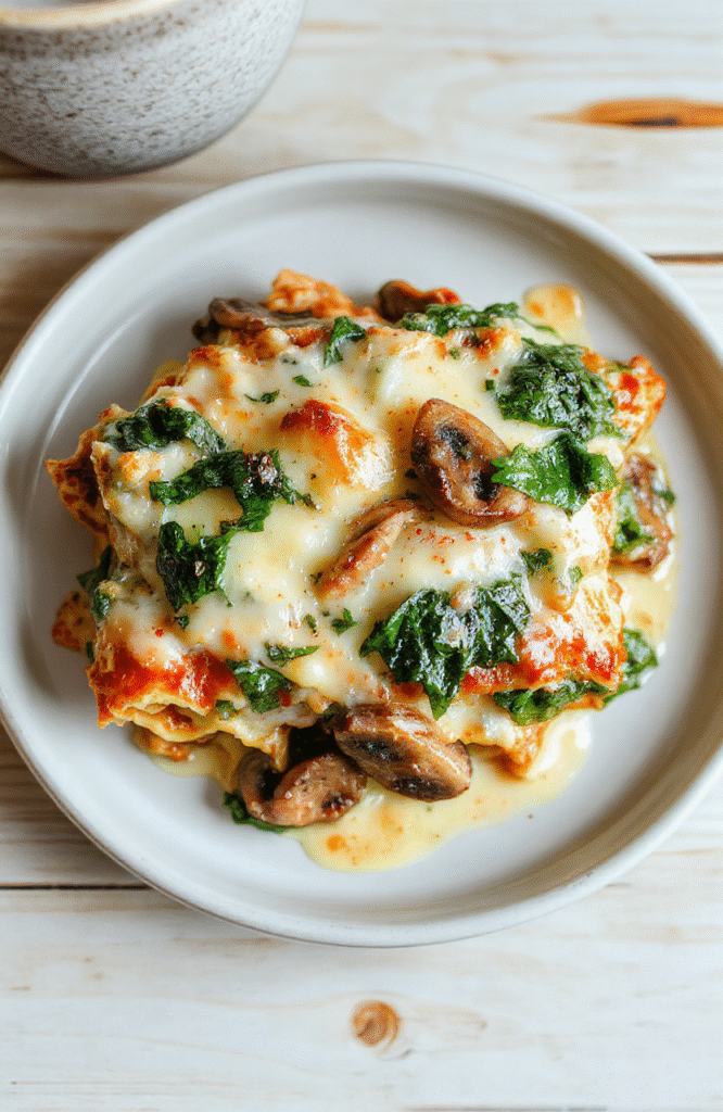 Eine cremige Spinat-Pilzlasagne auf einem weißen Teller, sichtbar geschichtete Lasagneblätter mit grünem Spinat und Pilzen, goldene Käsekruste, glatte Sauce, einfach angerichtet auf heller Holzunterlage.