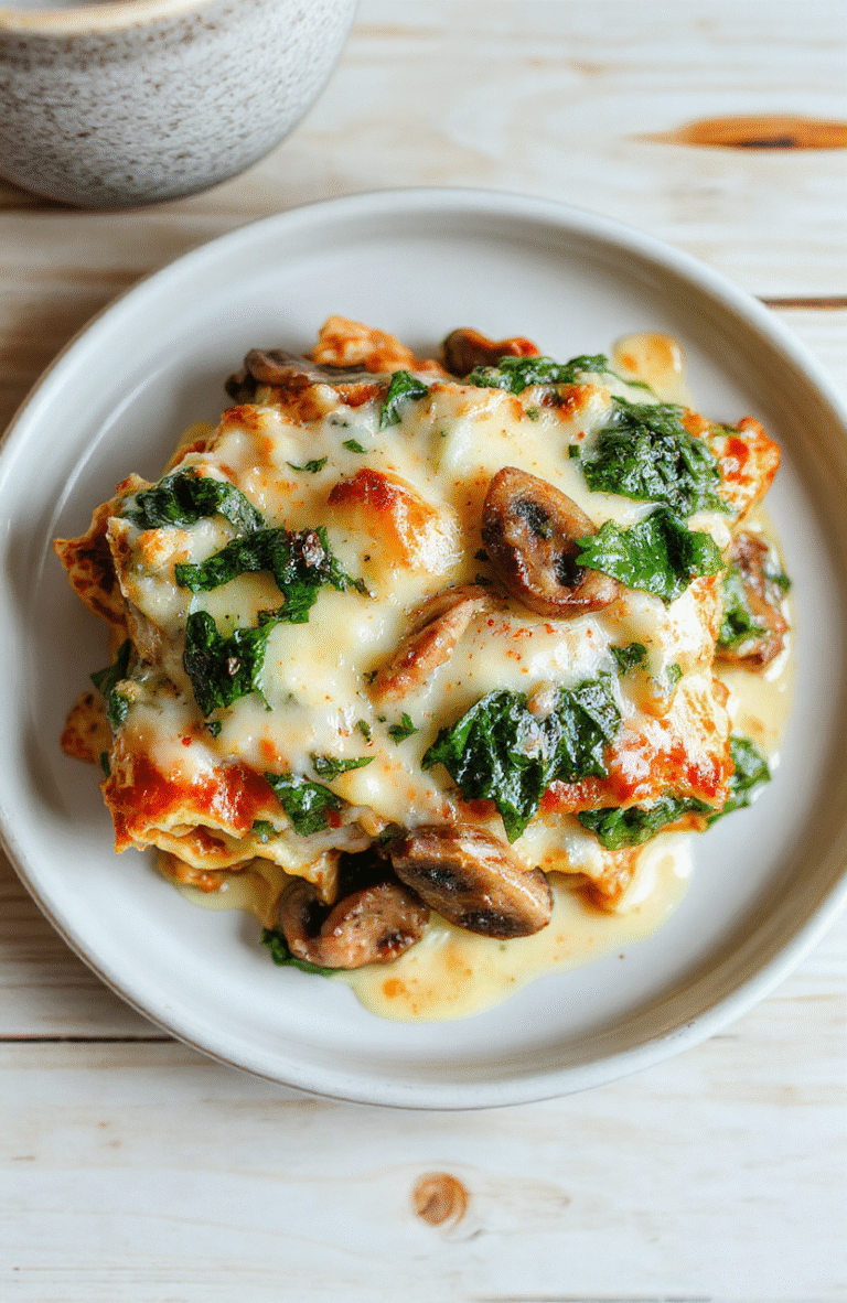 Eine cremige Spinat-Pilzlasagne auf einem weißen Teller, sichtbar geschichtete Lasagneblätter mit grünem Spinat und Pilzen, goldene Käsekruste, glatte Sauce, einfach angerichtet auf heller Holzunterlage.