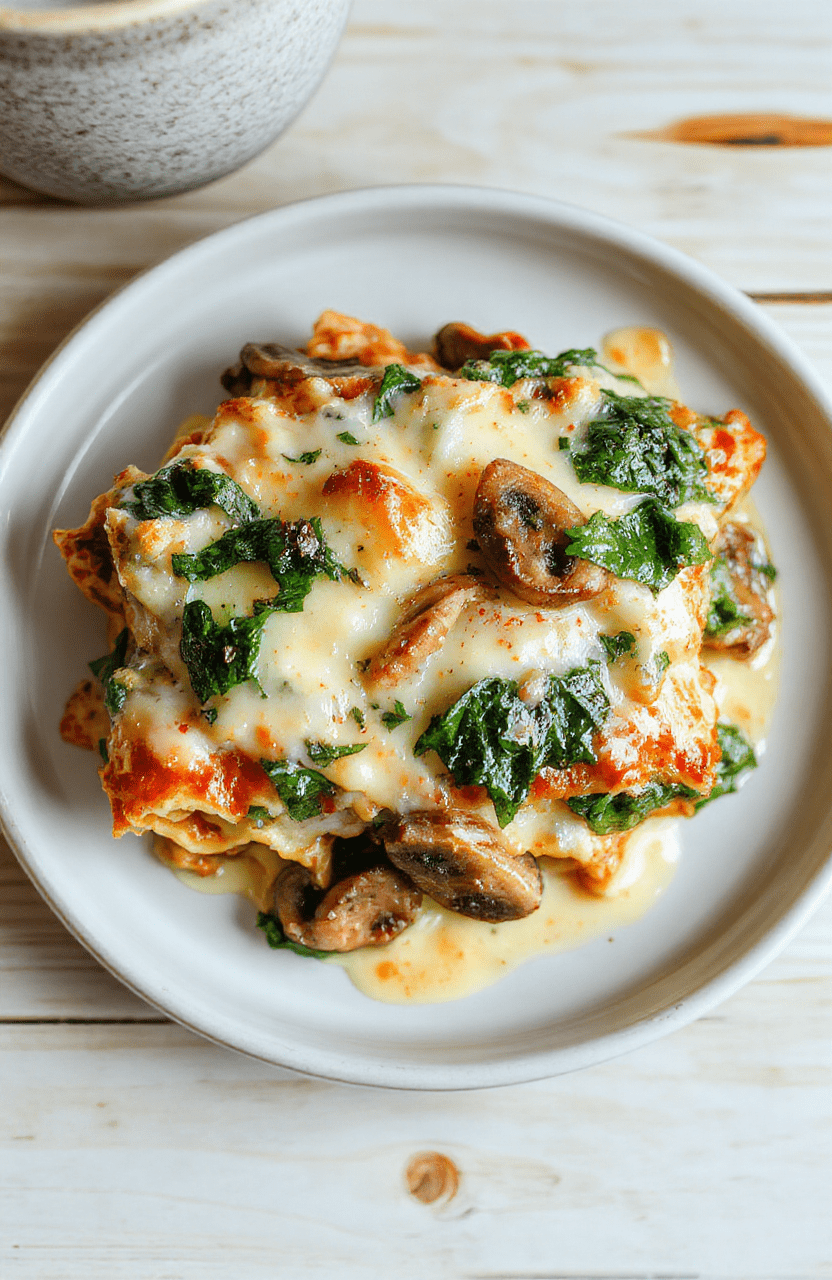 Eine cremige Spinat-Pilzlasagne auf einem weißen Teller, sichtbar geschichtete Lasagneblätter mit grünem Spinat und Pilzen, goldene Käsekruste, glatte Sauce, einfach angerichtet auf heller Holzunterlage.