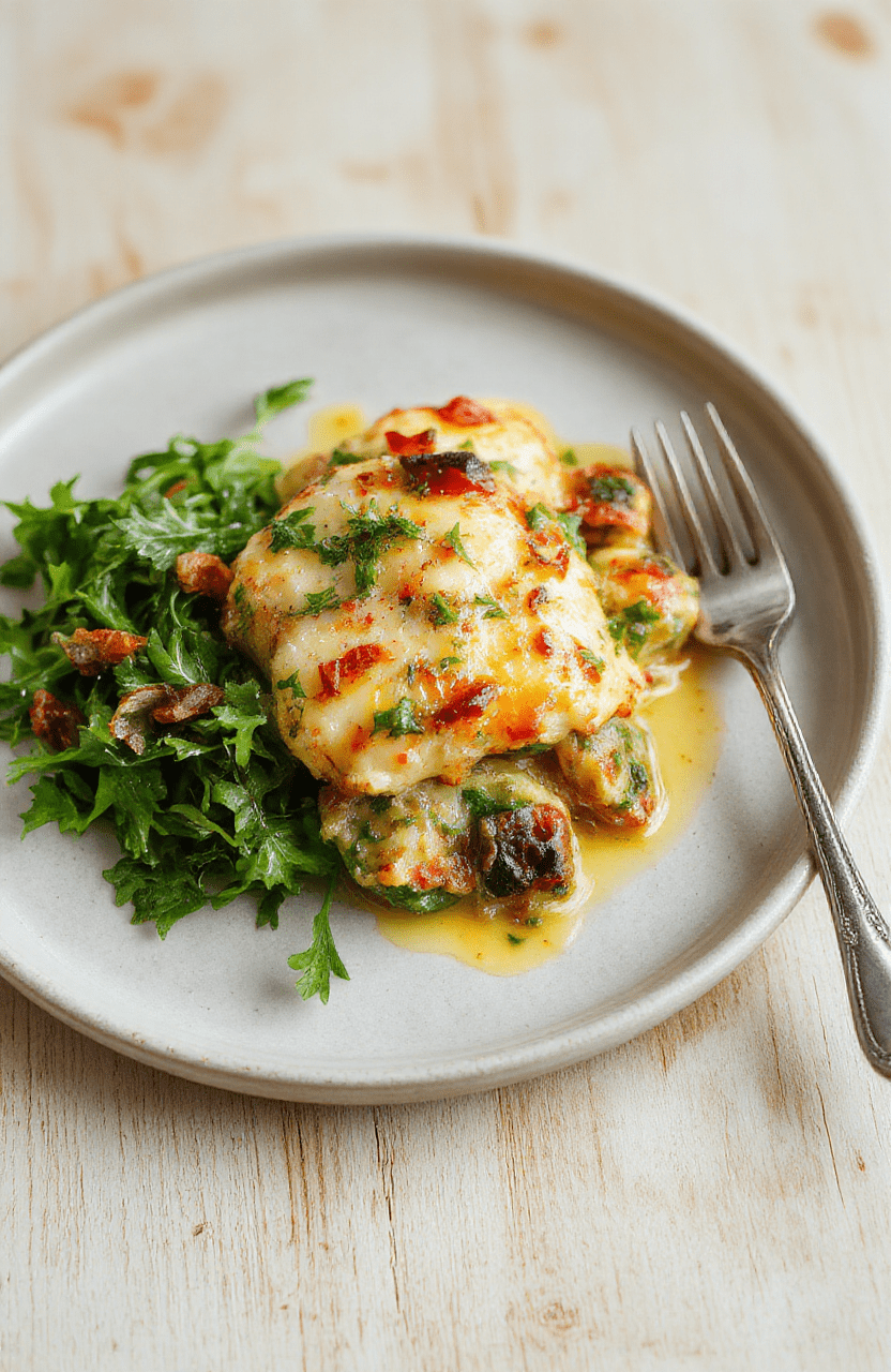 Eine cremige Spinatquiche mit goldbrauner Kruste, grüne Spinatblätter in der Füllung, Käse darauf, serviert auf einem hellen Holzbrett; umgeben von weicher Beleuchtung und unscharfem Hintergrund.