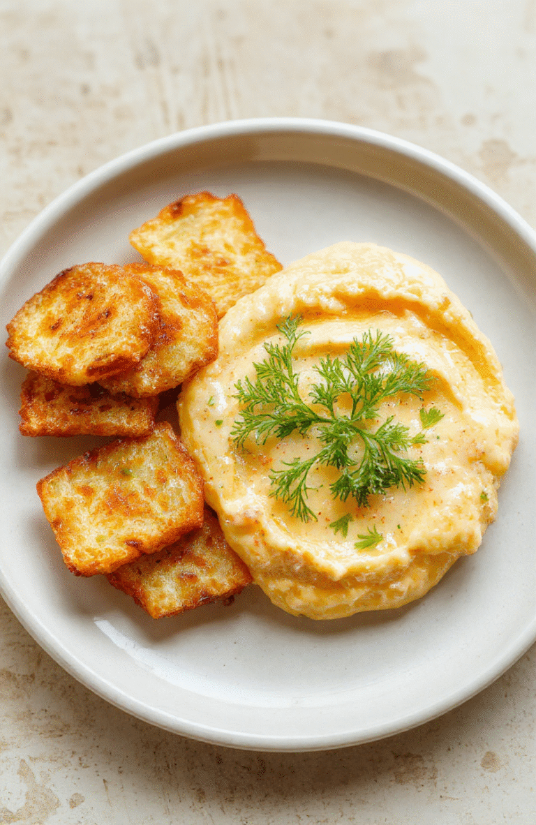 Ein cremiger Dip in einer weißen Schale, garniert mit fein gehacktem Bärlauch. Daneben liegen Knoblauchzehen und Stäbchen Brot. Hell beleuchteter Hintergrund mit natürlichem Licht, rustikaler Holztisch als Untergrund.