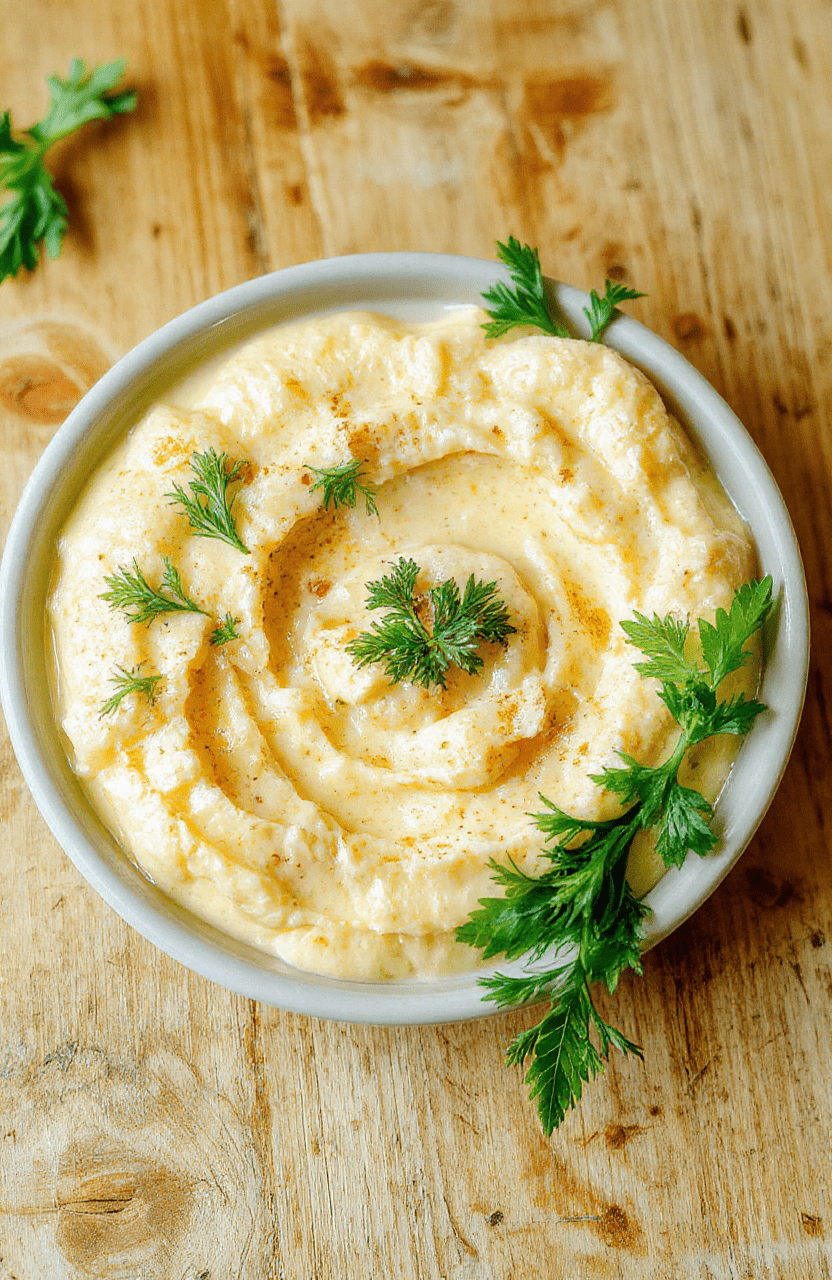 Ein cremiger Bärlauchdip in einer weißen Schüssel, daneben knusprige Brotstangen. Sichtbar sind grüne Bärlauchstücke in der cremigen Masse. Die Schüssel steht auf einer rustikalen Holzplatte, Hintergrund sanft unscharf, frische Kräuter verleihen Farbe und Frische.