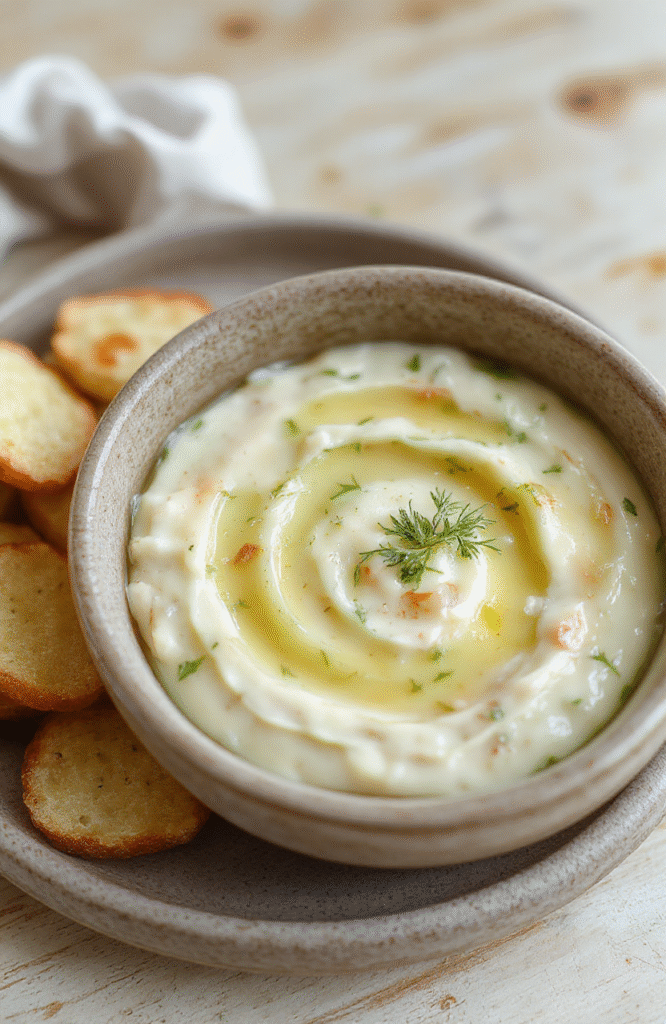 Ein cremiger Dip in einer weißen Schale, garniert mit frischem Bärlauch und Feta-Stücken, daneben Brotstangen, auf rustikalem Holztisch