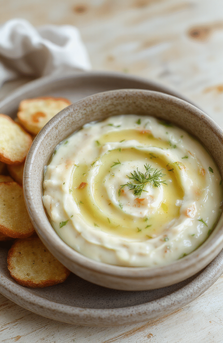 Ein cremiger Dip in einer weißen Schale, garniert mit frischem Bärlauch und Feta-Stücken, daneben Brotstangen, auf rustikalem Holztisch