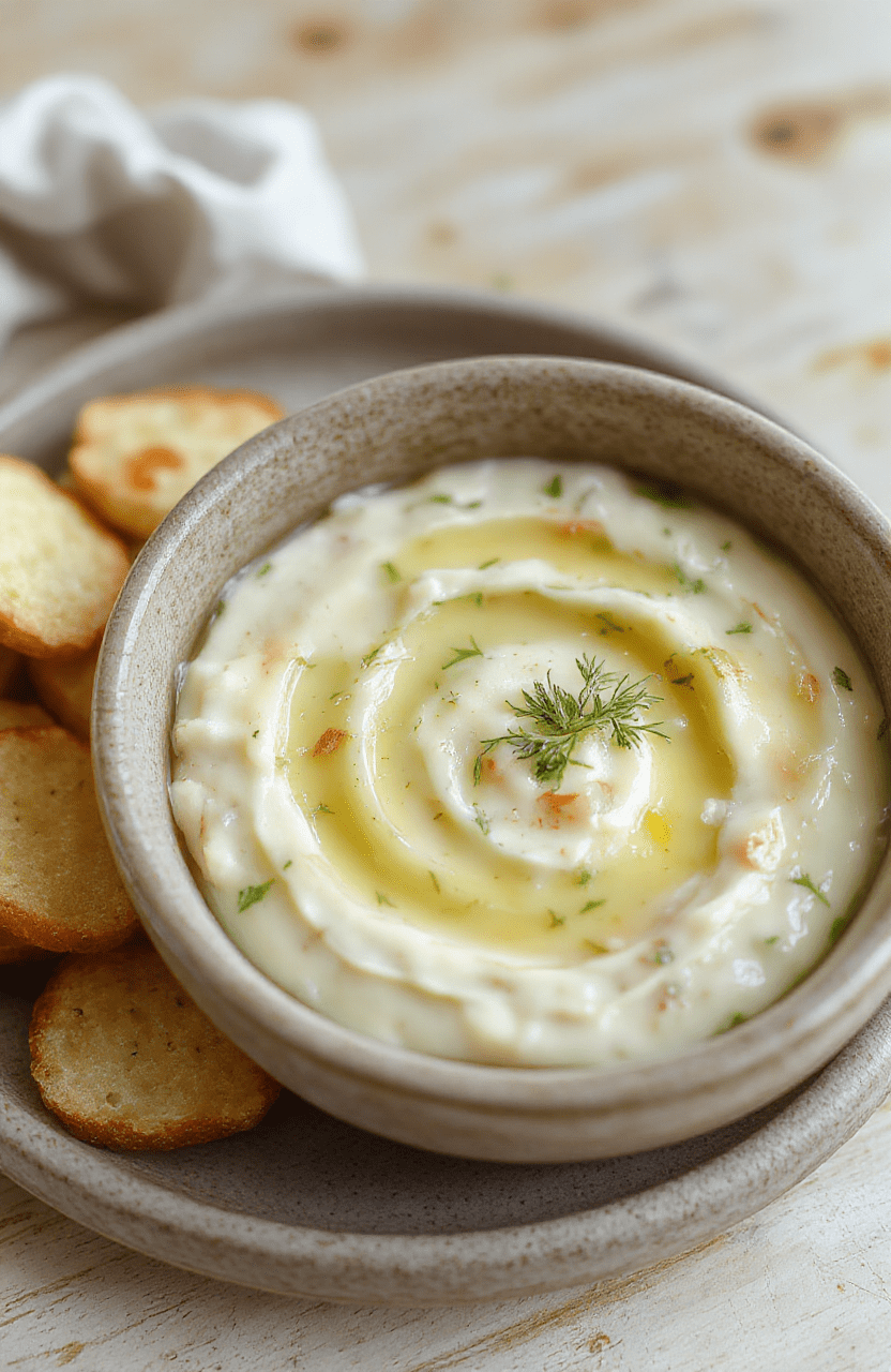 Ein cremiger Dip in einer weißen Schale, garniert mit frischem Bärlauch und Feta-Stücken, daneben Brotstangen, auf rustikalem Holztisch