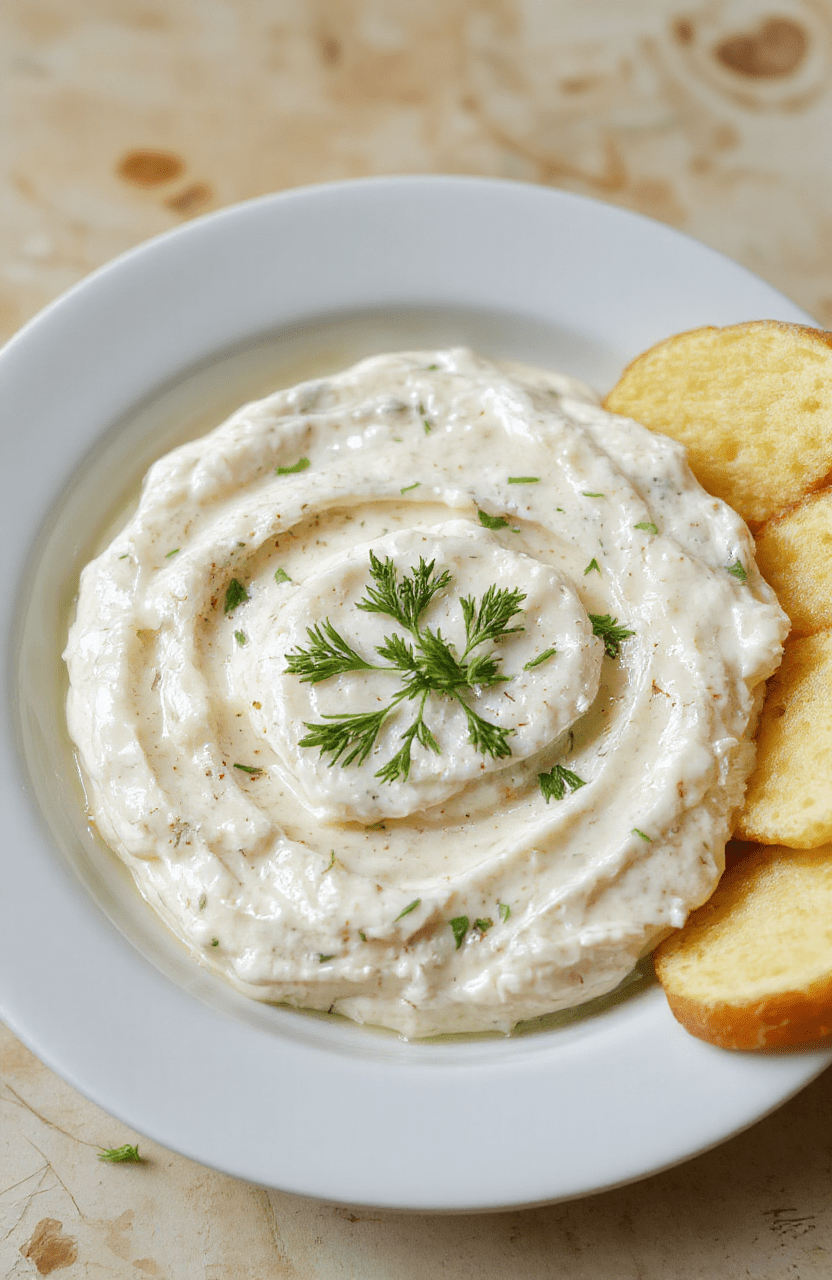Ein cremiger Dip in einer hellen Schüssel auf einem Holzbrett, grüne Bärlauchstücke, zerbröselter Feta und cremige Textur, daneben Brotstücke; natürliche, warme Beleuchtung auf einem rustikalen Holztisch
