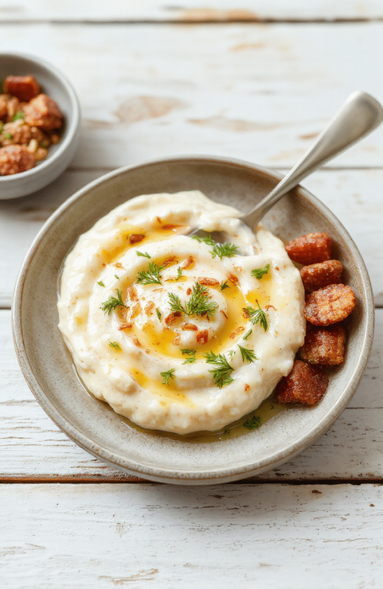 Eine cremige Bärlauch-Feta-Creme in einer hellen Schale, garniert mit fein gehacktem Bärlauch und Feta-Stückchen. Auf einem hellen Holzbrett serviert, daneben Brotsticks; frische grüne Farben, weiche Textur, appetitlich.