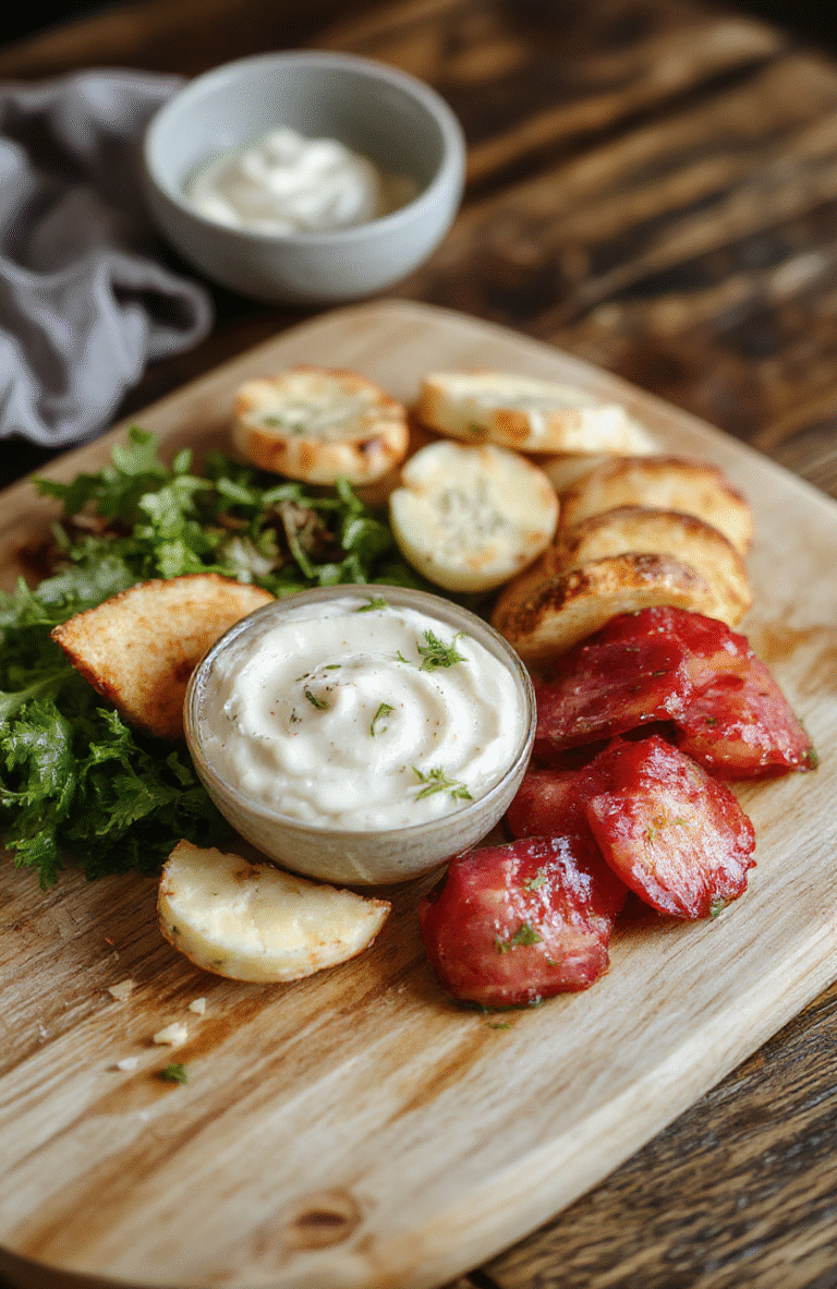Ein cremiger Dip aus Feta, Bärlauch und Olivenöl, serviert in einer weißen Schale auf hellem Holztisch. Grüne Bärlauchstreifen, Brotstücke zum Dippen und ein frischer, natürlicher Look mit samtiger Oberfläche.