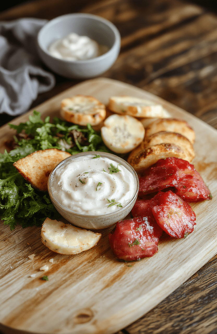 Ein cremiger Dip aus Feta, Bärlauch und Olivenöl, serviert in einer weißen Schale auf hellem Holztisch. Grüne Bärlauchstreifen, Brotstücke zum Dippen und ein frischer, natürlicher Look mit samtiger Oberfläche.