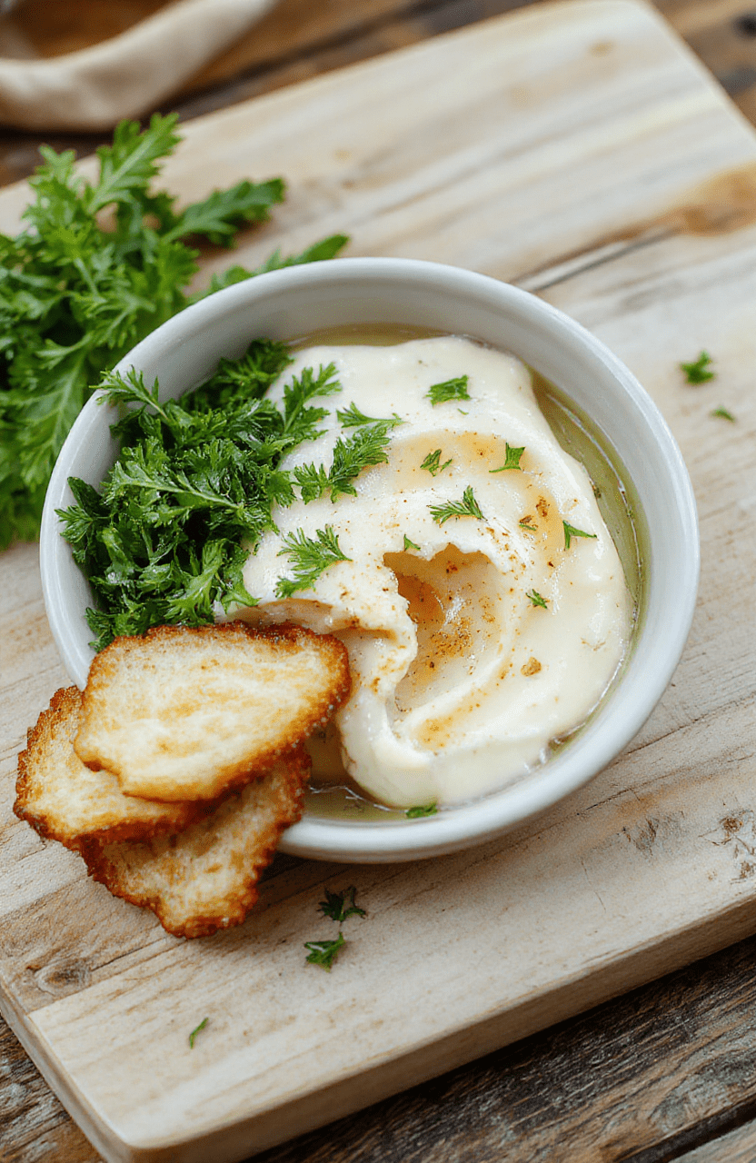 Eine cremige Bärlauch-Quark-Aufstrich in einer Glas-Schüssel, daneben frische Bärlauchblätter und knusprige Brotstücke auf einem hellen Holzbrett, zartes Licht