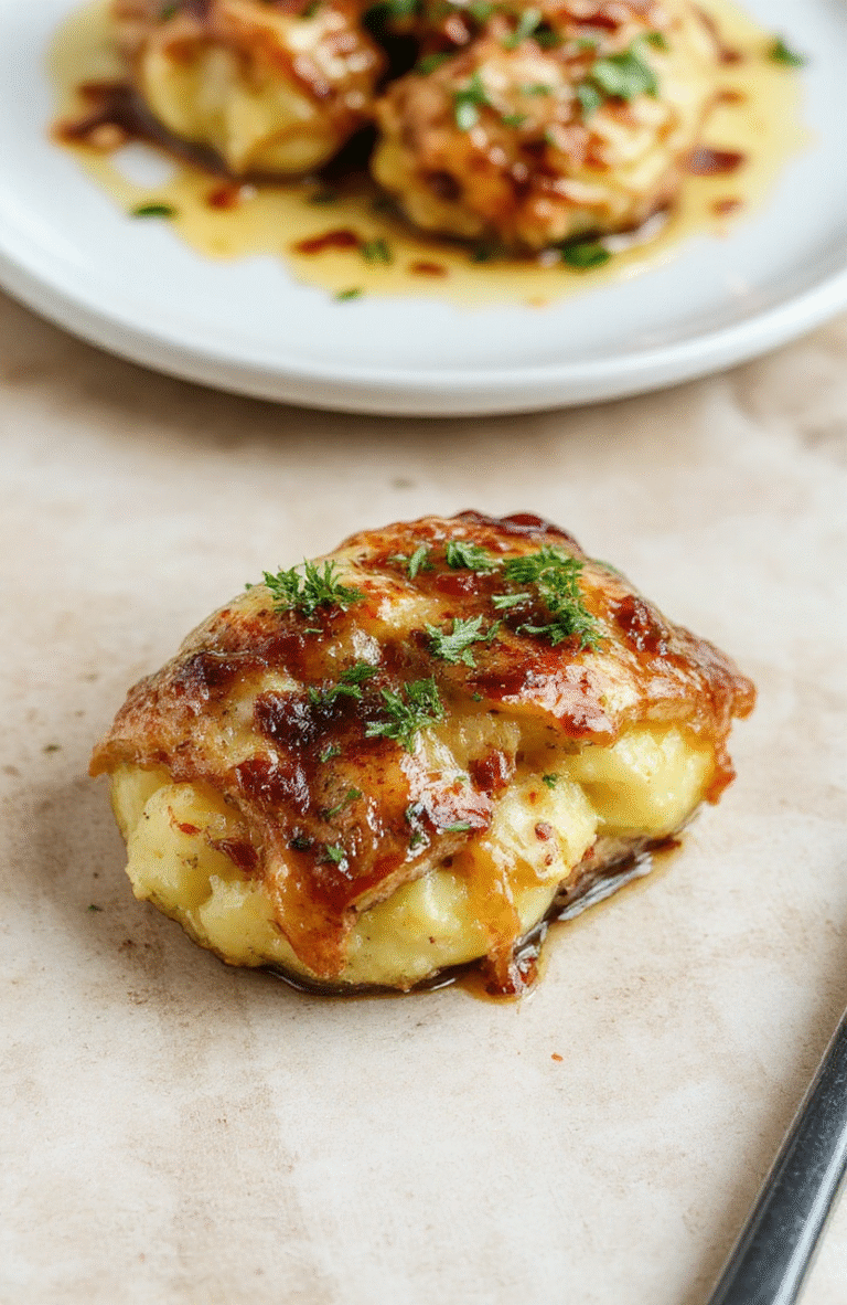 Ein cremiger Kartoffel-Spinat-Auflauf wird in einer ofenfesten Form präsentiert, goldbraune Oberseite, sichtbar geschichtete Kartoffelschichten mit Spinat, cremige Sauce, warme Farben, leicht glänzend.
