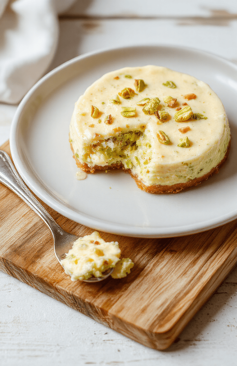Ein cremiger Pistazien-Käsekuchen auf einem hellen Teller mit knusprigem Keksboden, grüne Füllung, dekoriert mit Pistazien, hübsch angerichtet.