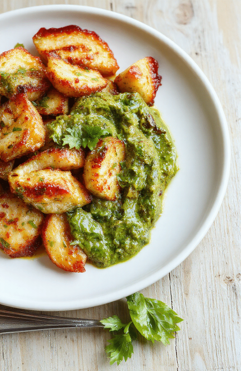 Cremiges grünes Bärlauch-Pesto, cremig und glänzend, angerichtet auf einem weißen Teller. Sichtbare Stückchen Bärlauch, Parmesanraspel, zerstoßene Pinienkerne, und ein Spritzer Olivenöl; Hintergrund in weichen, neutralen Farbtönen; die Textur wirkt cremig und samtig, frisch und aromatisch.