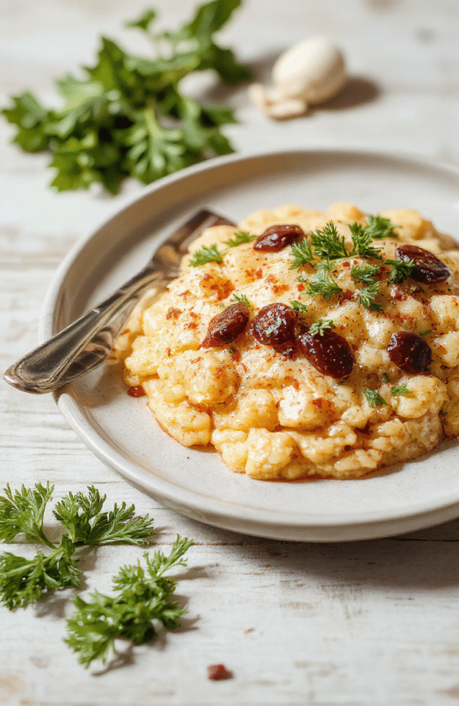 Ein cremiges Bärlauchrisotto in einer weißen flachen Schale auf hellem Holztisch. Frische Bärlauchblätter, geriebener Parmesan und eine cremige Textur sind sichtbar.