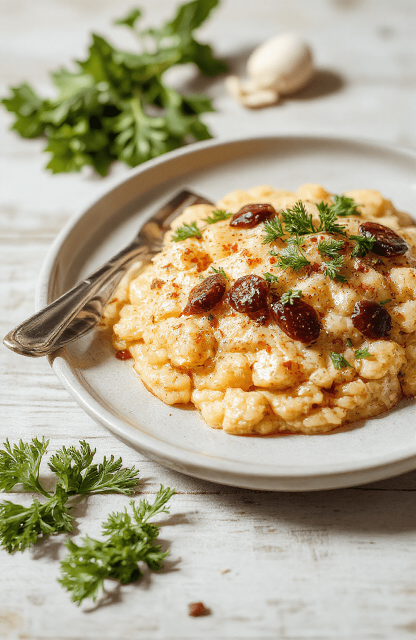 Ein cremiges Bärlauchrisotto in einer weißen flachen Schale auf hellem Holztisch. Frische Bärlauchblätter, geriebener Parmesan und eine cremige Textur sind sichtbar.