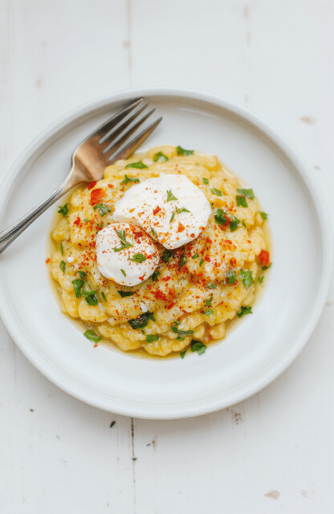 Eine cremige Portion Bärlauchrisotto mit Burrata auf einem weißen Teller, garniert mit frischen Bärlauchblättern. Die Textur des Risottos wirkt samtig cremig, die Burrata glänzend und weich, helles Tageslicht betont die frischen Farben.
