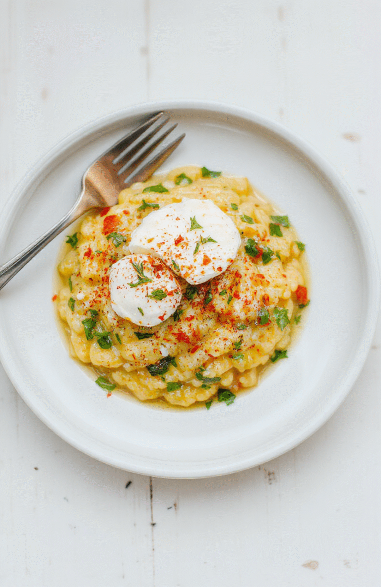 Eine cremige Portion Bärlauchrisotto mit Burrata auf einem weißen Teller, garniert mit frischen Bärlauchblättern. Die Textur des Risottos wirkt samtig cremig, die Burrata glänzend und weich, helles Tageslicht betont die frischen Farben.