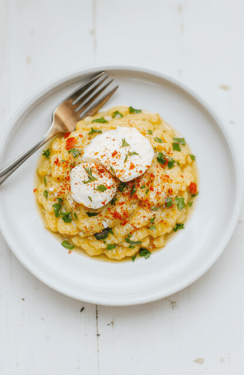 Eine cremige Portion Bärlauchrisotto mit Burrata auf einem weißen Teller, garniert mit frischen Bärlauchblättern. Die Textur des Risottos wirkt samtig cremig, die Burrata glänzend und weich, helles Tageslicht betont die frischen Farben.