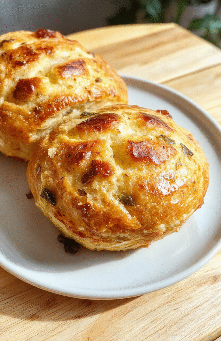 Frontalaufnahme von fluffigen Bärlauchbrötchen auf hellbraunem Holzuntergrund; goldbraun gebacken, mit grünen Bärlauchstückchen, locker gestapelt, unscharfer Hintergrund