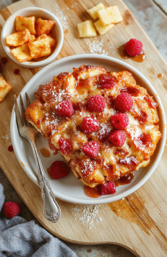 Ein Teller Fluffiger Kaiserschmarrn, goldbraun geröstet, in grobe Stücke gezupft, mit Puderzucker bestäubt, daneben eine kleine Portion Zwetschgenröster, auf einem hellen Holzbrett angerichtet, natürliches Tageslicht.