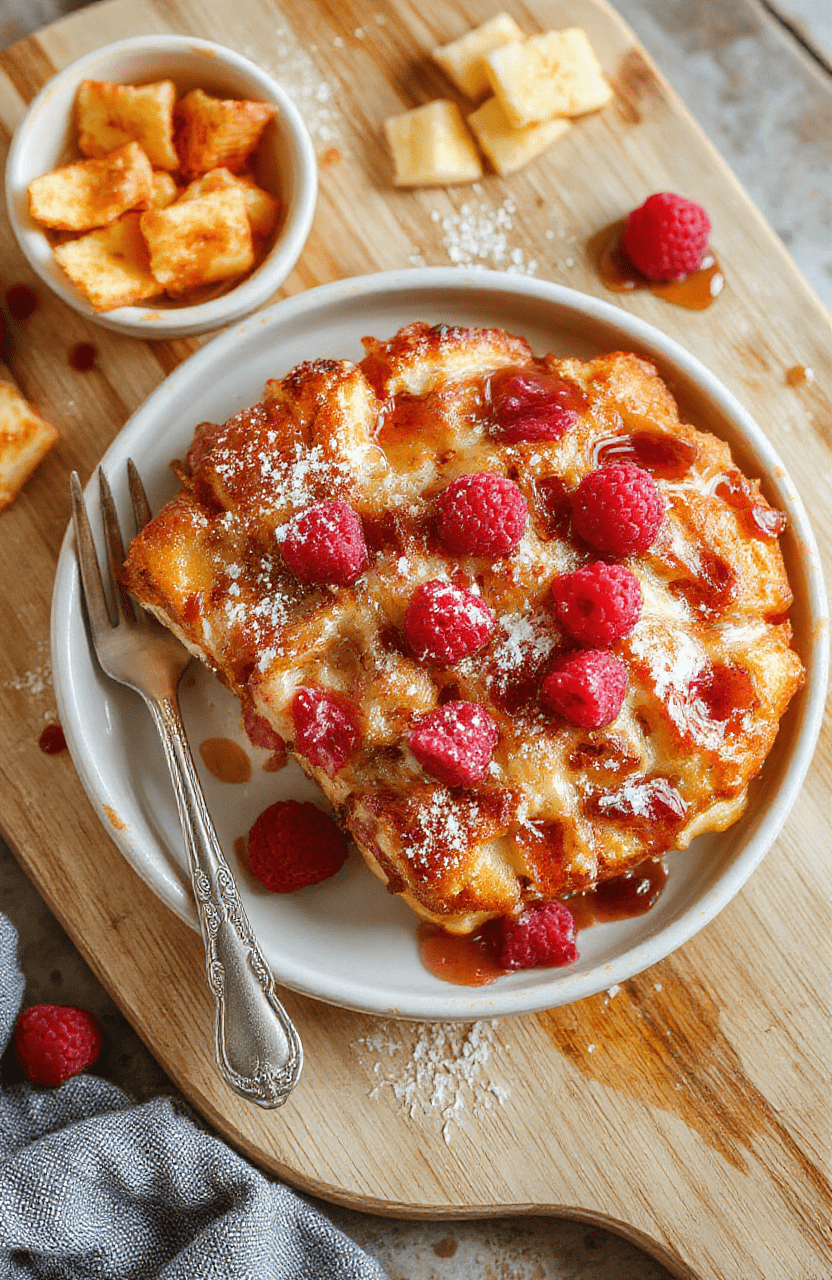 Ein Teller Fluffiger Kaiserschmarrn, goldbraun geröstet, in grobe Stücke gezupft, mit Puderzucker bestäubt, daneben eine kleine Portion Zwetschgenröster, auf einem hellen Holzbrett angerichtet, natürliches Tageslicht.