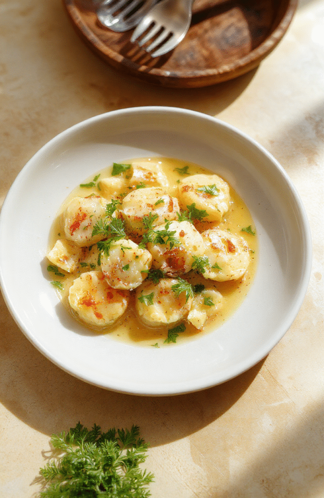 Grüne Bärlauch-Gnocchi auf weißem Teller, garniert mit frischen Bärlauchblättern und Parmesanspänen, cremig glänzende Gnocchi, heller Holzuntergrund, natürliches Licht.