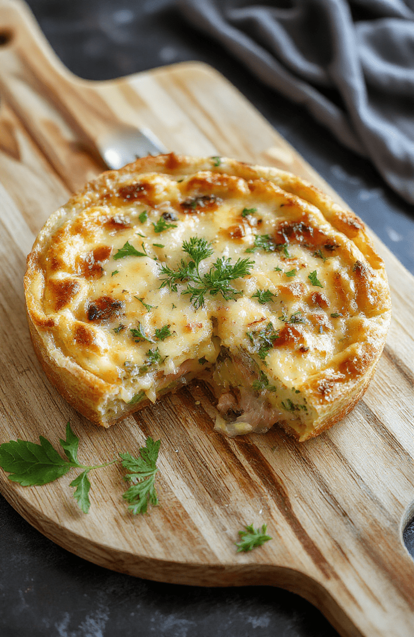 Frische Frühlingsquiche mit goldbraunem Boden und cremiger Füllung, mit Spargel, Zucchini und Erbsen, garniert mit frischen Kräutern, serviert auf einer hellen Holzoberfläche.