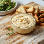 Ein cremiger grüner Bärlauch Dip in einer weißen Schale, daneben Brot- und Gemüse-Sticks, Garnitur aus frischem Bärlauch, auf einem hellen Holztisch, natürliche Textur, appetitlich.