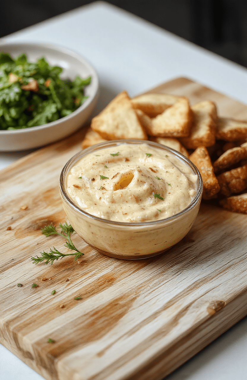 Ein cremiger grüner Bärlauch Dip in einer weißen Schale, daneben Brot- und Gemüse-Sticks, Garnitur aus frischem Bärlauch, auf einem hellen Holztisch, natürliche Textur, appetitlich.