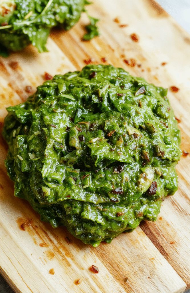 Frischer, cremiger Bärlauch-Pesto in einer hellen Schale auf einem rustikalen Holztisch; daneben frische Bärlauchblätter, Parmesan-Späne und grob gehackte Nüsse; die Paste glänzt in sattem Grün und hat eine cremige Textur.