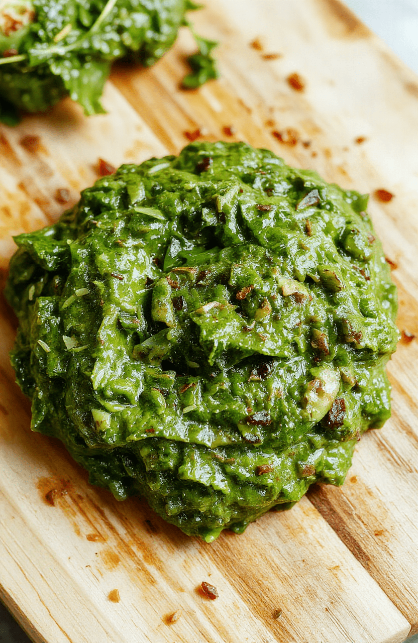 Frischer, cremiger Bärlauch-Pesto in einer hellen Schale auf einem rustikalen Holztisch; daneben frische Bärlauchblätter, Parmesan-Späne und grob gehackte Nüsse; die Paste glänzt in sattem Grün und hat eine cremige Textur.