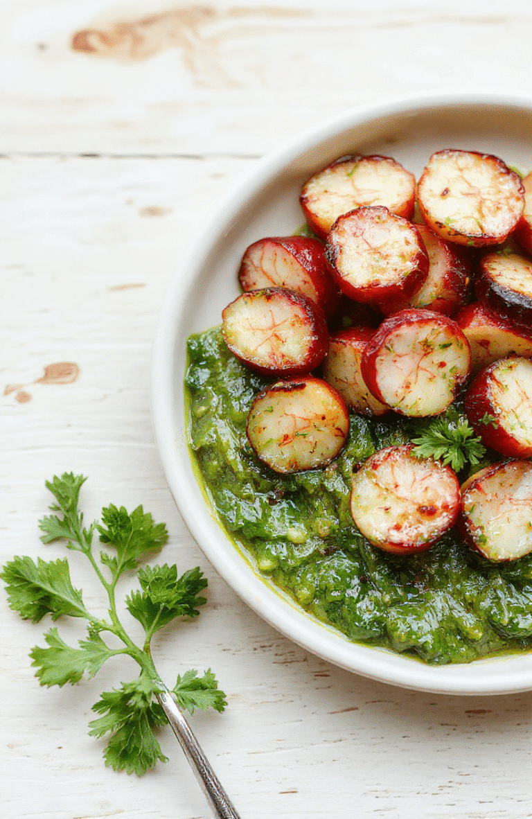 Grünes Bärlauch-Pesto cremig auf dunklem Holzbrett, umgeben von frischen Bärlauchblättern, gerösteten Pinienkernen, Parmesan-Spänen und Olivenöl; helles, natürliches Licht betont die cremige Textur.