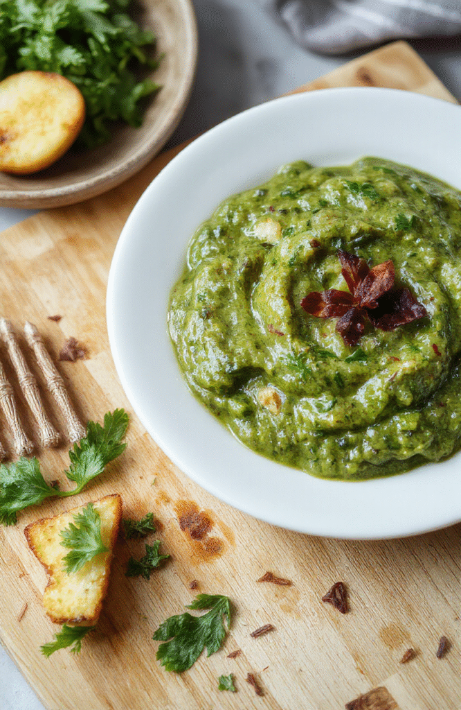 Grünes Bärlauchpesto in einer kleinen Schale auf hellem Holz. Darum herum grob gehackter Bärlauch, geröstete Pinienkerne, frisch geriebener Parmesan und ein Klecks Olivenöl. Die cremige Textur mit sichtbaren Nusssplittern wirkt frisch und lecker.