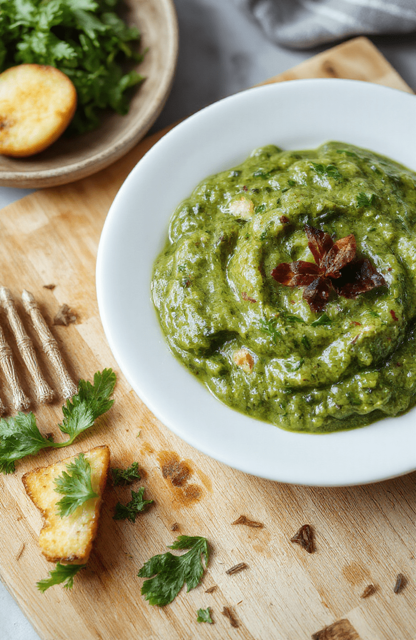 Grünes Bärlauchpesto in einer kleinen Schale auf hellem Holz. Darum herum grob gehackter Bärlauch, geröstete Pinienkerne, frisch geriebener Parmesan und ein Klecks Olivenöl. Die cremige Textur mit sichtbaren Nusssplittern wirkt frisch und lecker.