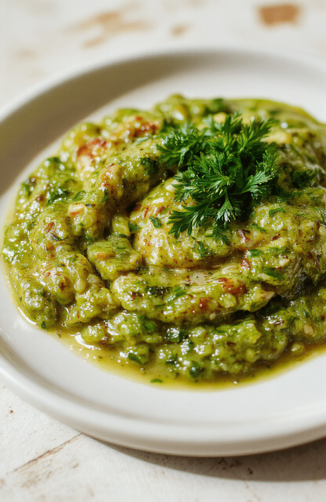 Auf einem hellen Holzuntergrund steht eine Schale grünes Bärlauchpesto, daneben frische Bärlauchblätter; cremige Textur, geröstete Pinienkerne, Olivenöl, frischer Duft; rustikales, sommerliches Pesto-Setting.