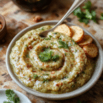 Frisches, cremiges Bärlauchpesto in einer weißen Schale auf heller Holzplatte. Neben dem Pesto liegen geröstete Pinienkerne, grob geriebener Parmesan und frische Bärlauchblätter. Die Szene nutzt natürliche Beleuchtung, leichte Reflexe auf dem Öl und eine schlichte, rustikale Ästhetik.