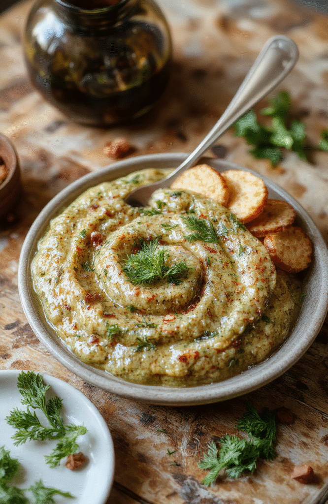 Frisches, cremiges Bärlauchpesto in einer weißen Schale auf heller Holzplatte. Neben dem Pesto liegen geröstete Pinienkerne, grob geriebener Parmesan und frische Bärlauchblätter. Die Szene nutzt natürliche Beleuchtung, leichte Reflexe auf dem Öl und eine schlichte, rustikale Ästhetik.